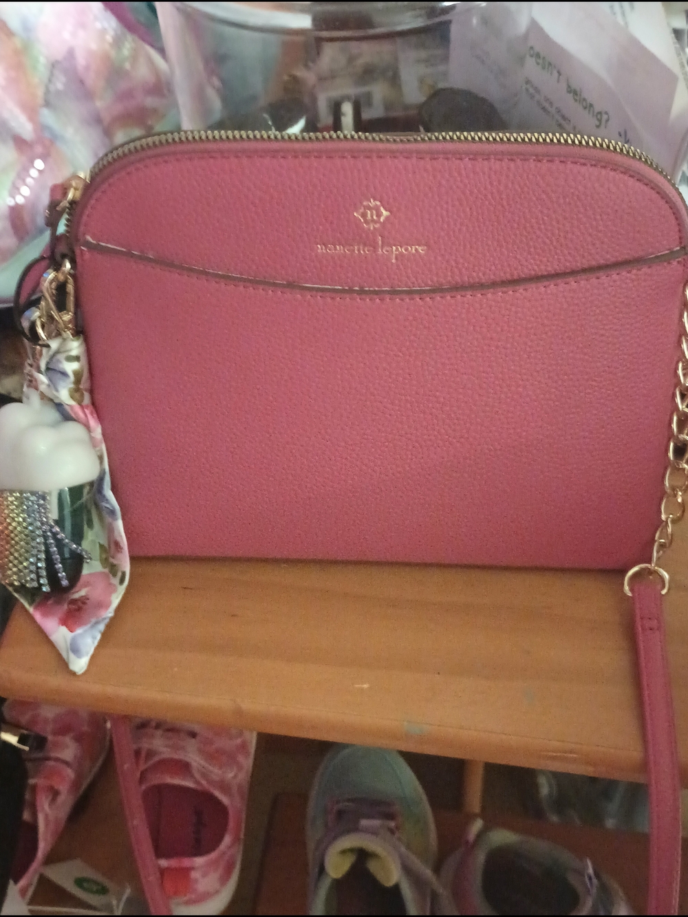 Nanette Lepore Rose Pink Pebbled Leather Crossbody with Gold Chain